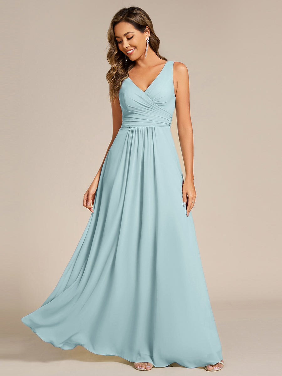 Strapless Pleated V-Neck A-Line Maxi Chiffon Bridesmaid Dress #color_Sky Blue