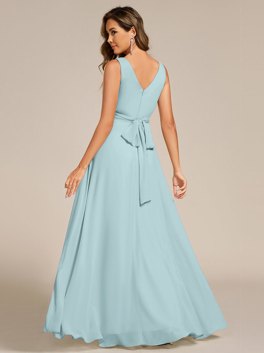Strapless Pleated V-Neck A-Line Maxi Chiffon Bridesmaid Dress #color_Sky Blue