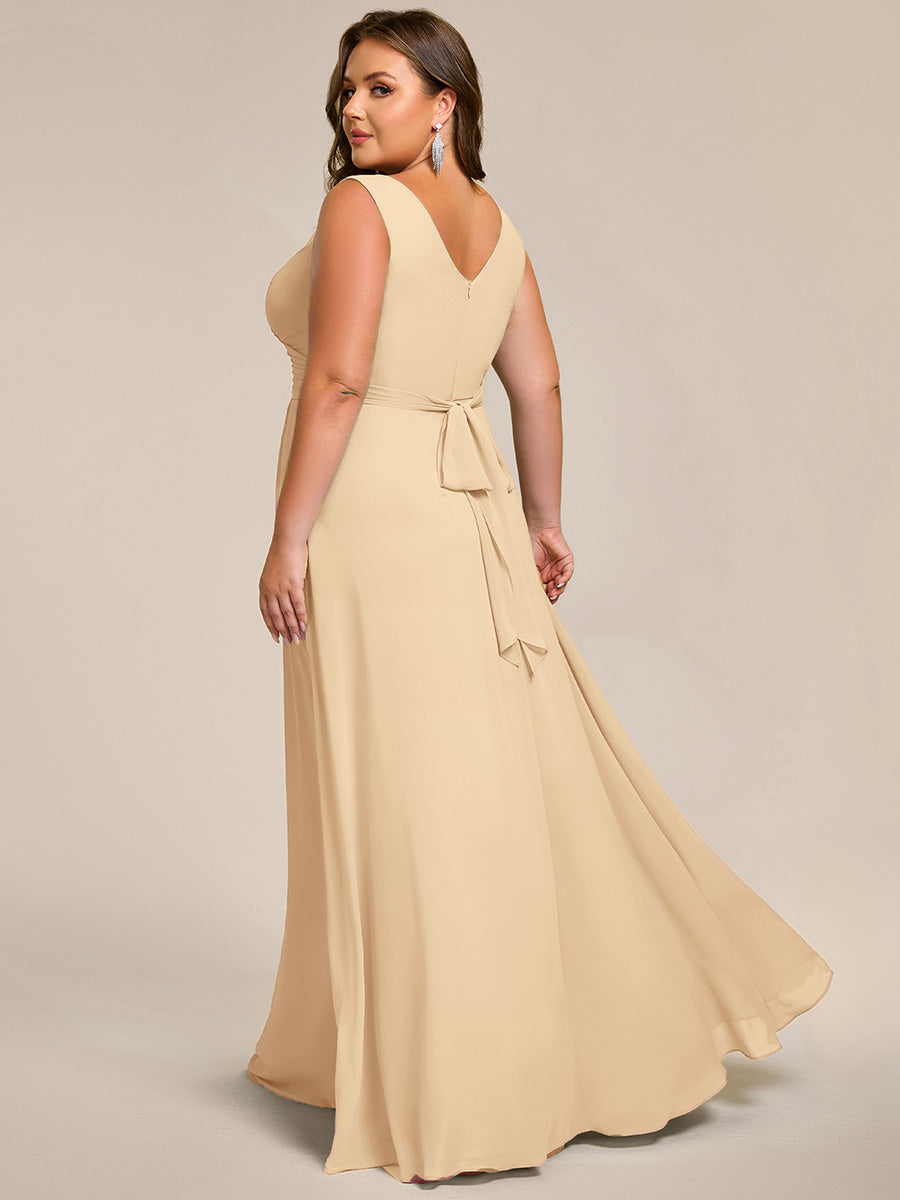 Strapless Pleated V-Neck A-Line Maxi Chiffon Bridesmaid Dress #color_Champagne