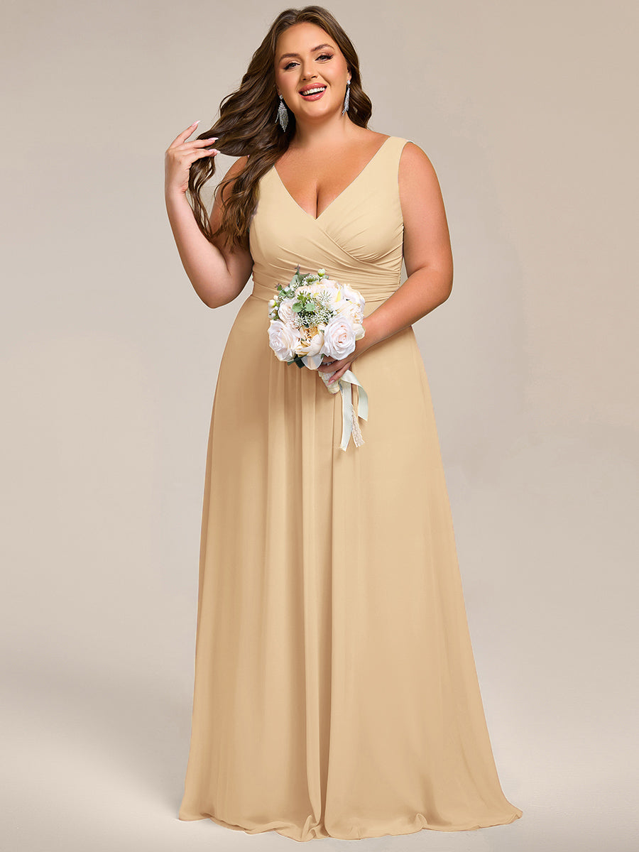 Strapless Pleated V-Neck A-Line Maxi Chiffon Bridesmaid Dress #color_Champagne
