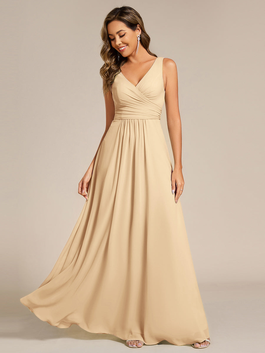 Strapless Pleated V-Neck A-Line Maxi Chiffon Bridesmaid Dress #color_Champagne