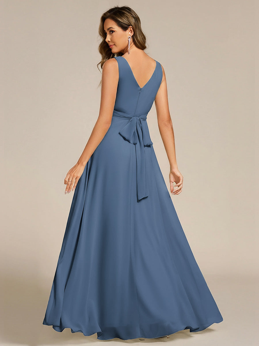 Strapless Pleated V-Neck A-Line Maxi Chiffon Bridesmaid Dress #color_Dusty Blue