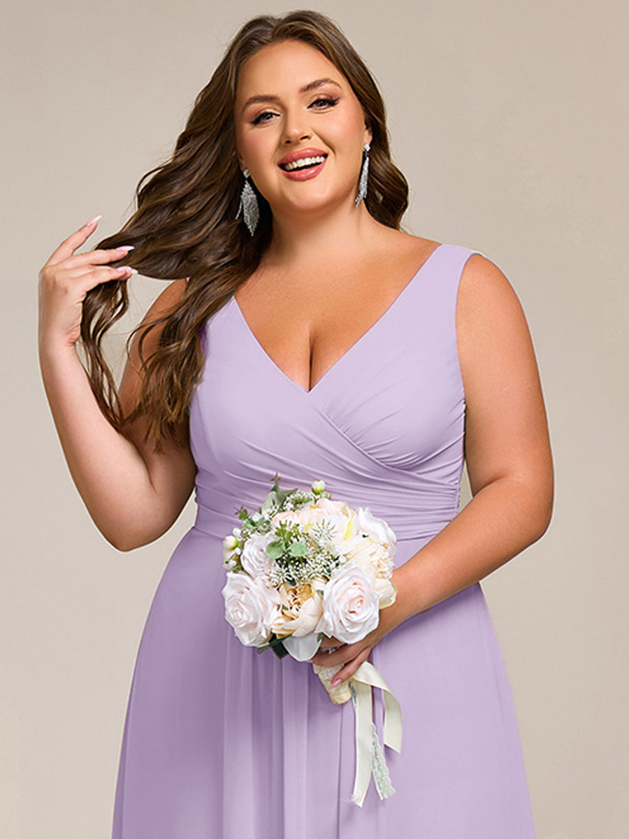 Strapless Pleated V-Neck A-Line Maxi Chiffon Bridesmaid Dress #color_Frosted Lilac