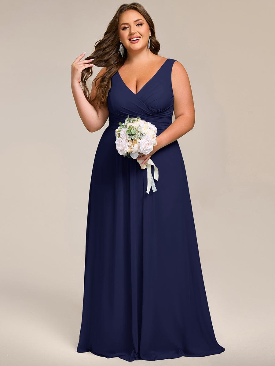 Strapless Pleated V-Neck A-Line Maxi Chiffon Bridesmaid Dress #color_Navy Blue