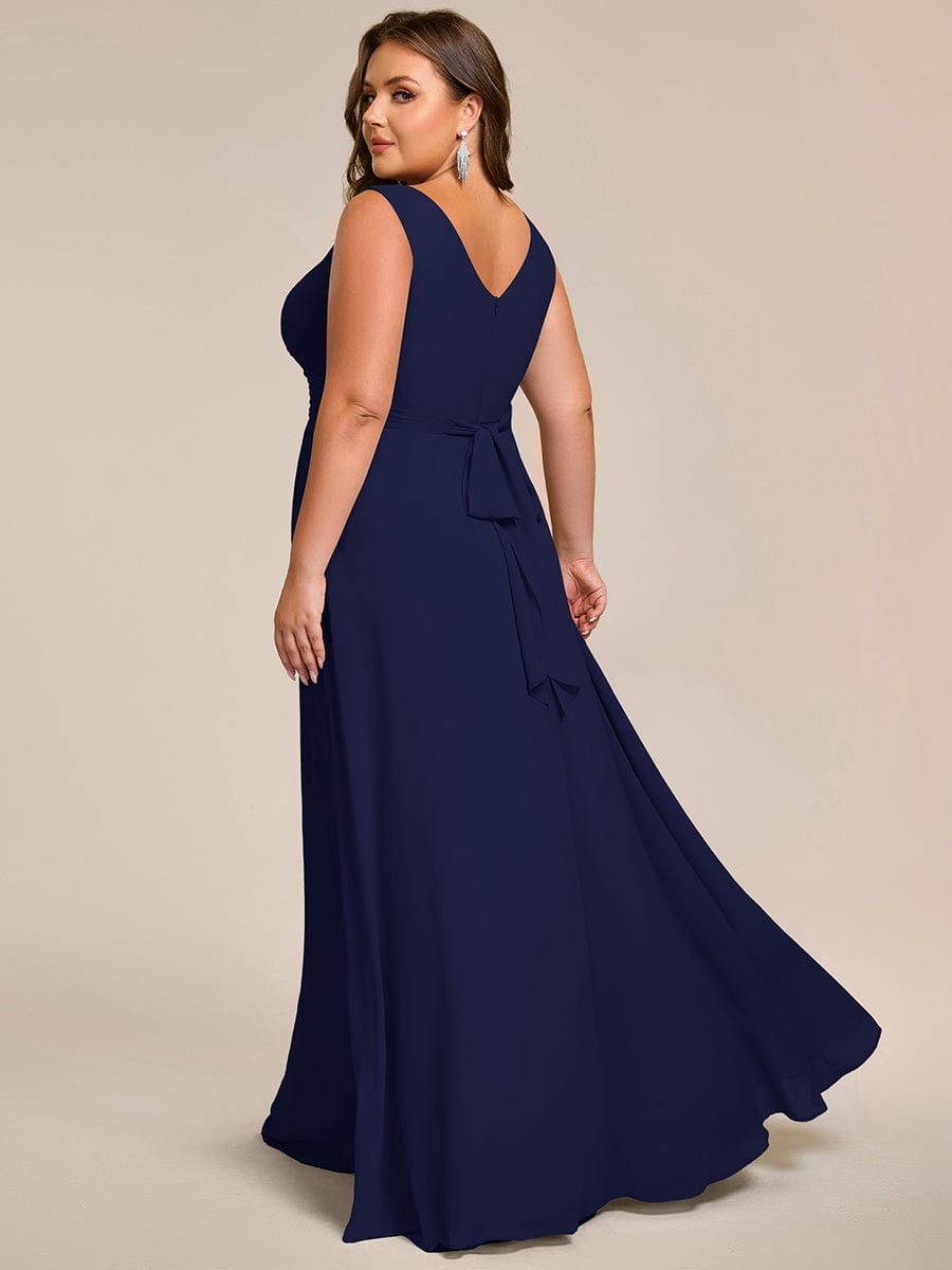 Strapless Pleated V-Neck A-Line Maxi Chiffon Bridesmaid Dress #color_Navy Blue