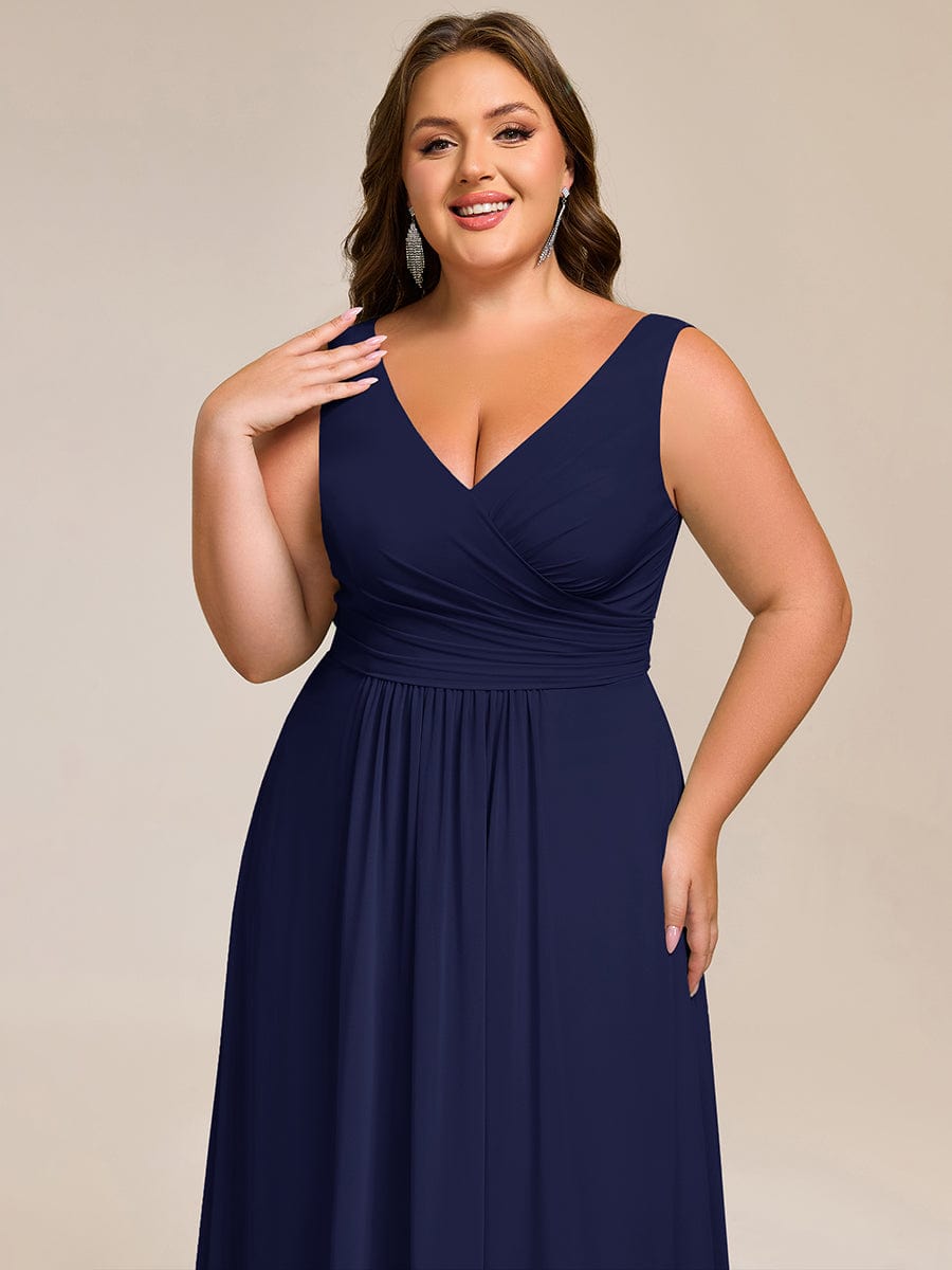Strapless Pleated V-Neck A-Line Maxi Chiffon Bridesmaid Dress #color_Navy Blue