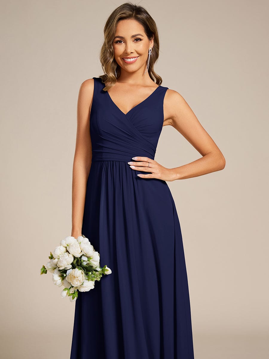 Strapless Pleated V-Neck A-Line Maxi Chiffon Bridesmaid Dress #color_Navy Blue