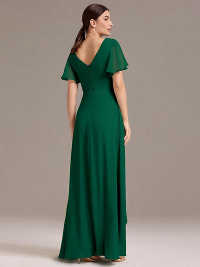 Chiffon Double V-Neck A-Line Ruffled Sleeves Bridesmaid Dress with Asymmetrical Hem #color_Dark Green