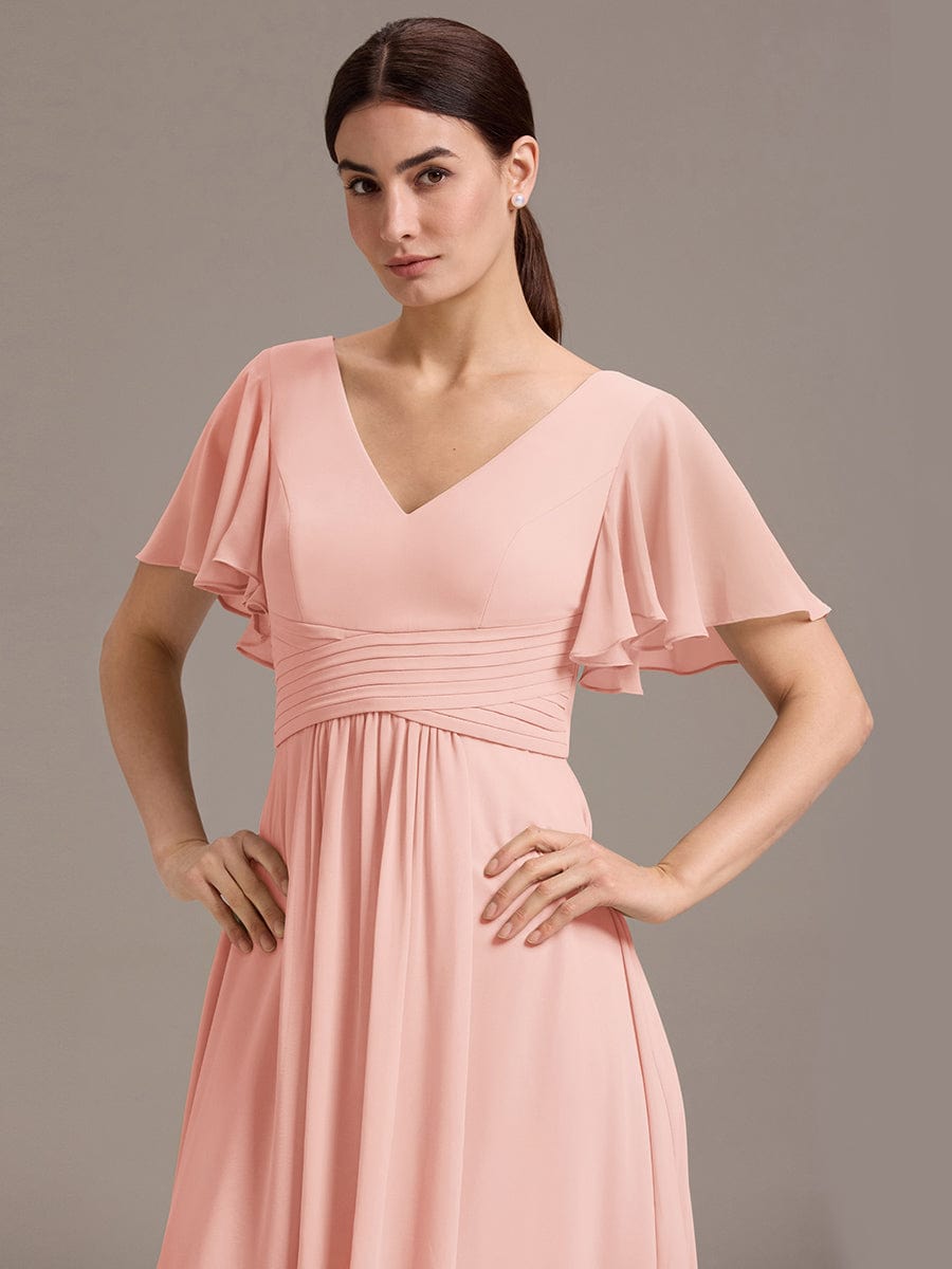 Chiffon Double V-Neck A-Line Ruffled Sleeves Bridesmaid Dress with Asymmetrical Hem #color_Pink