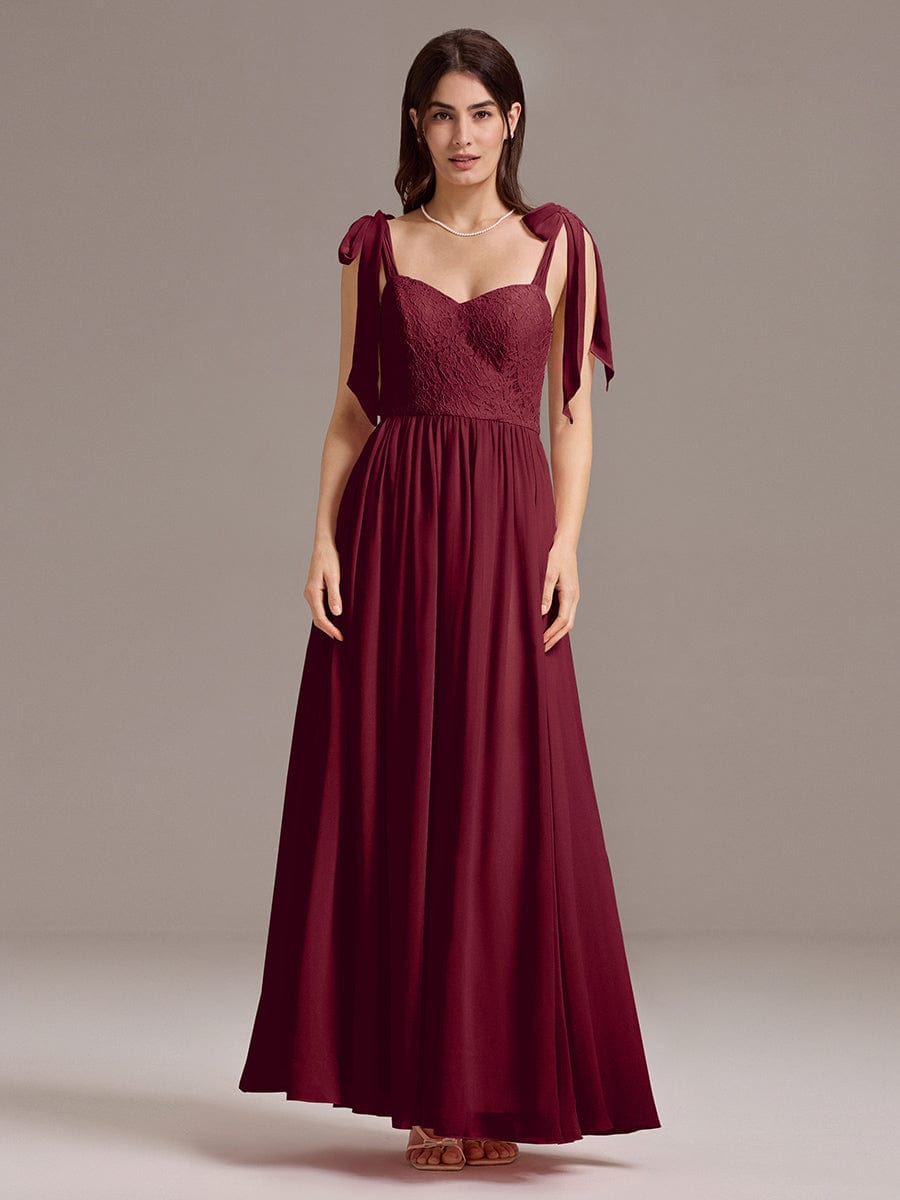 Chiffon Sweetheart Neck Bow Tie Backless A-Line Lace Bridesmaid Dress #color_Burgundy