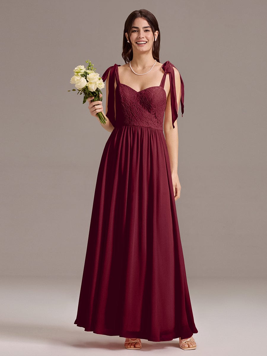 Chiffon Sweetheart Neck Bow Tie Backless A-Line Lace Bridesmaid Dress #color_Burgundy
