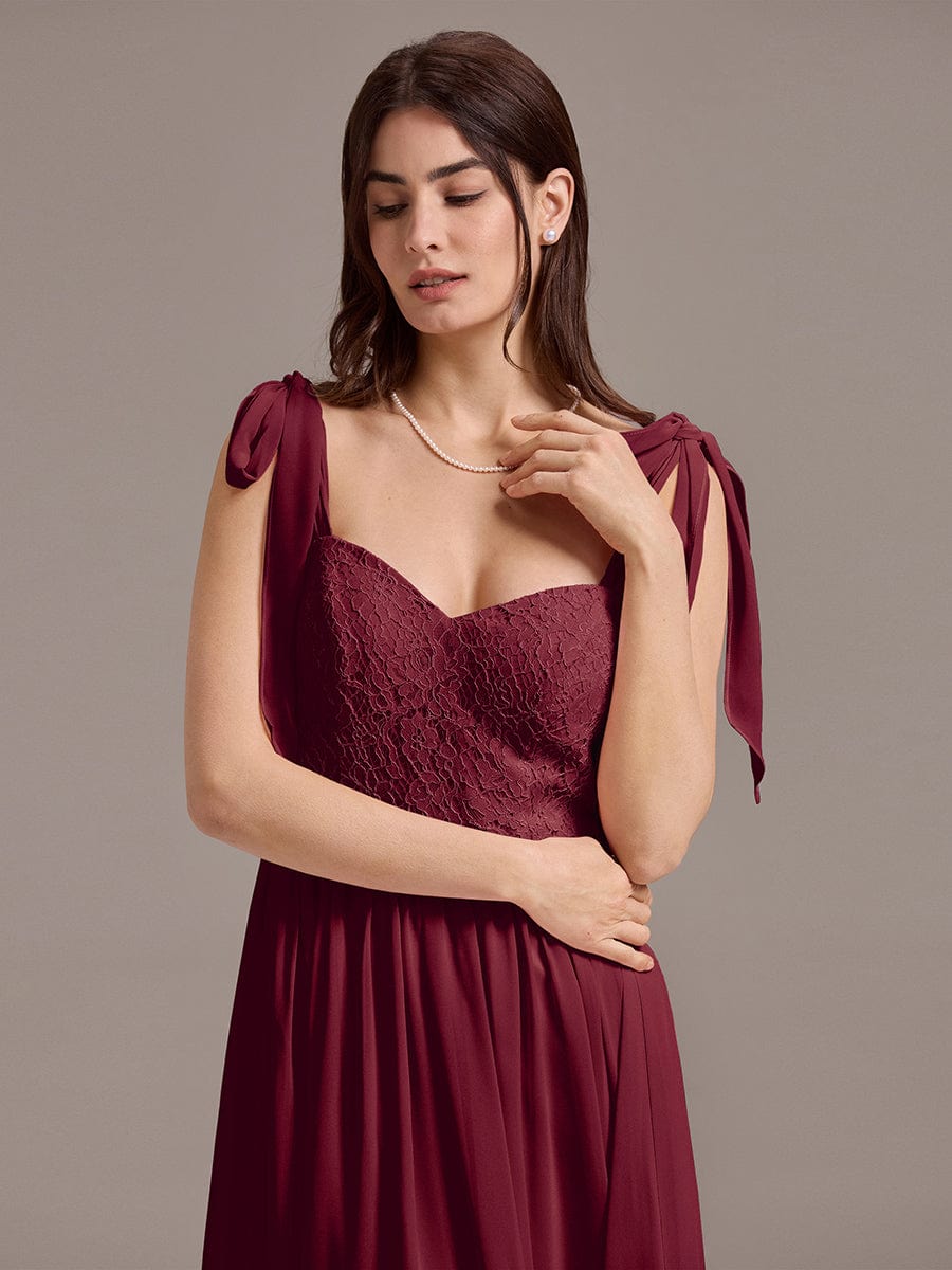 Chiffon Sweetheart Neck Bow Tie Backless A-Line Lace Bridesmaid Dress #color_Burgundy