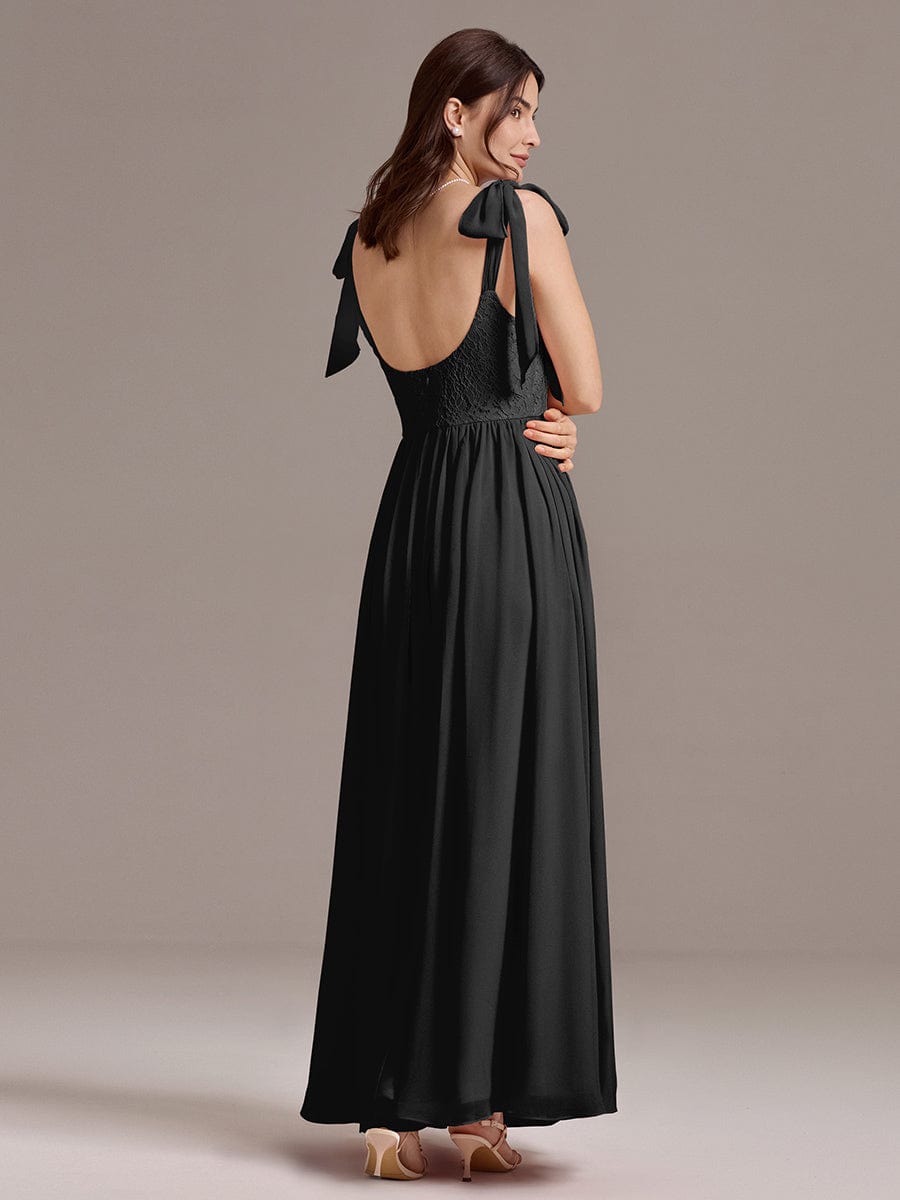 Chiffon Sweetheart Neck Bow Tie Backless A-Line Lace Bridesmaid Dress #color_Black