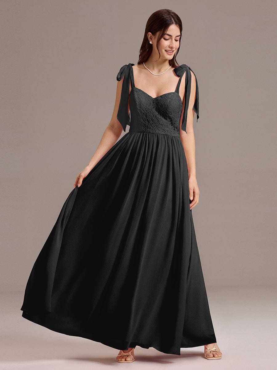 Chiffon Sweetheart Neck Bow Tie Backless A-Line Lace Bridesmaid Dress #color_Black