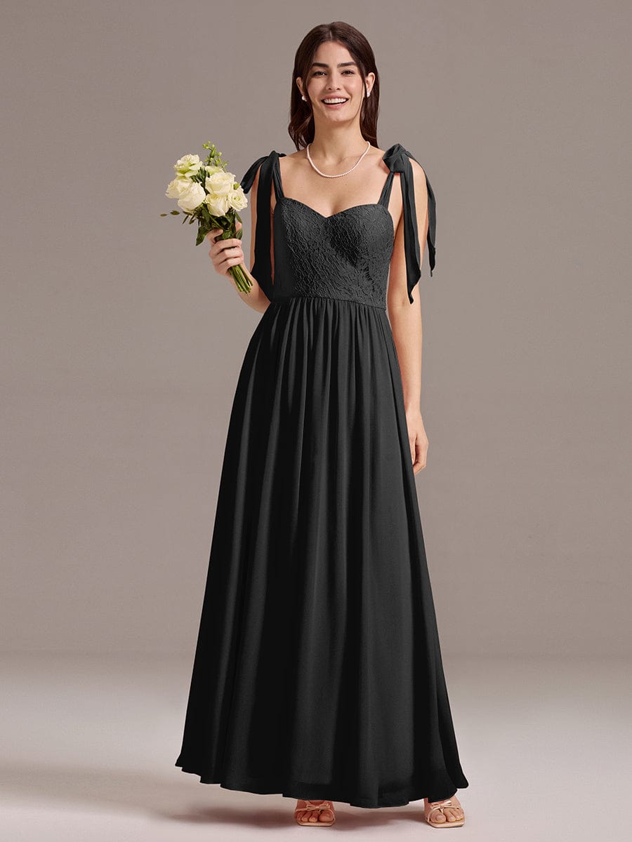 Chiffon Sweetheart Neck Bow Tie Backless A-Line Lace Bridesmaid Dress #color_Black