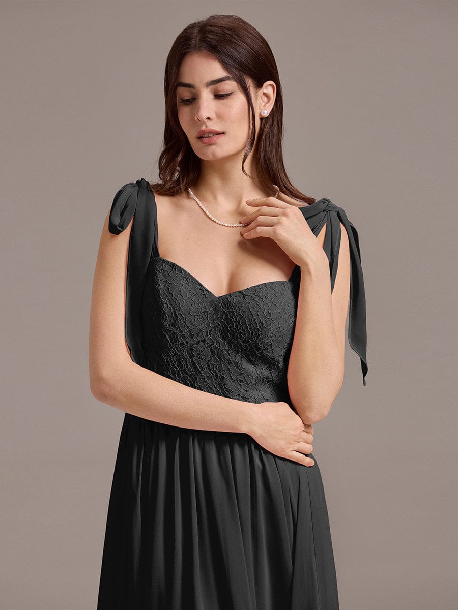 Chiffon Sweetheart Neck Bow Tie Backless A-Line Lace Bridesmaid Dress #color_Black