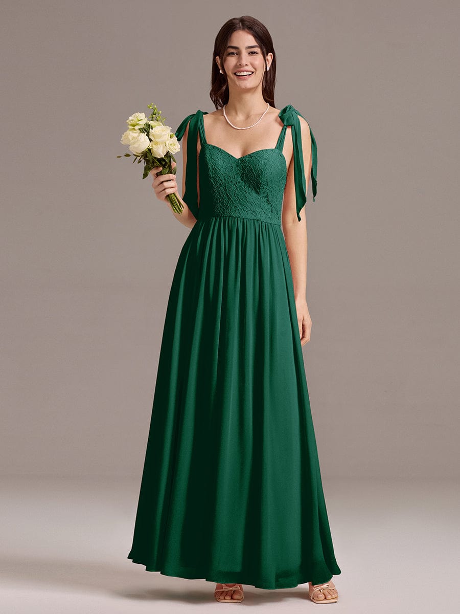 Chiffon Sweetheart Neck Bow Tie Backless A-Line Lace Bridesmaid Dress #color_Dark Green