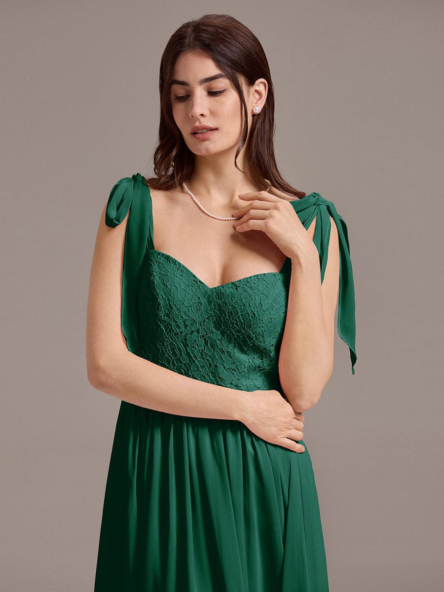 Chiffon Sweetheart Neck Bow Tie Backless A-Line Lace Bridesmaid Dress #color_Dark Green