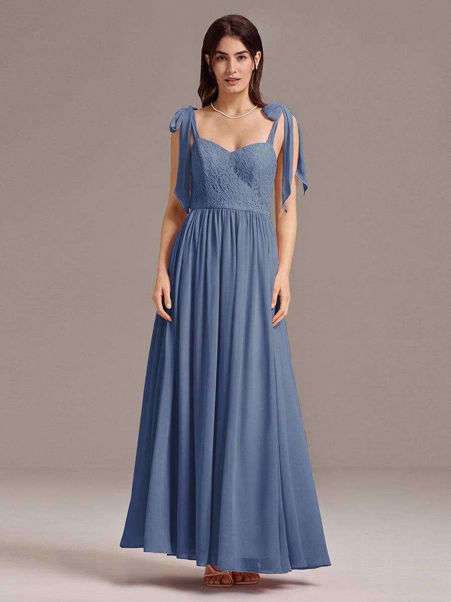 Chiffon Sweetheart Neck Bow Tie Backless A-Line Lace Bridesmaid Dress #color_Dusty Blue