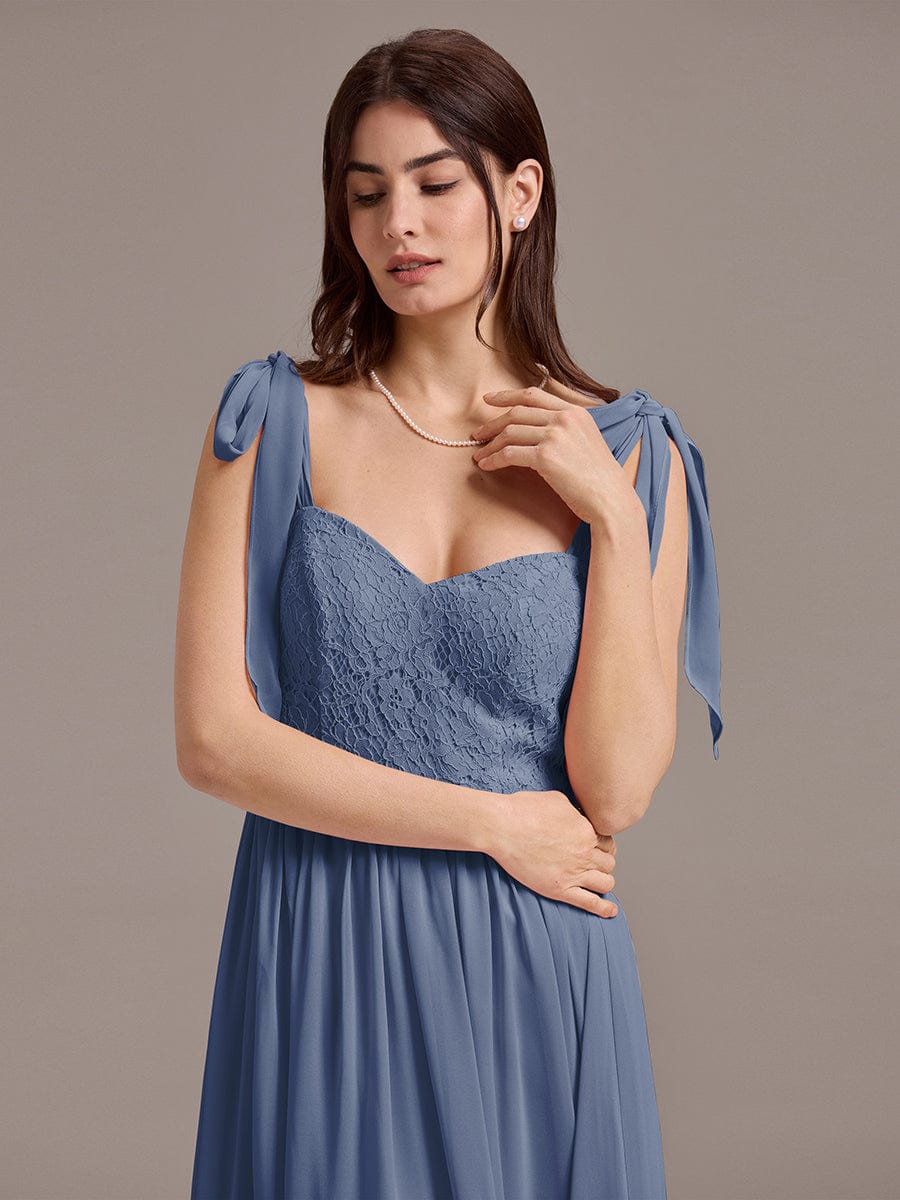 Chiffon Sweetheart Neck Bow Tie Backless A-Line Lace Bridesmaid Dress #color_Dusty Blue