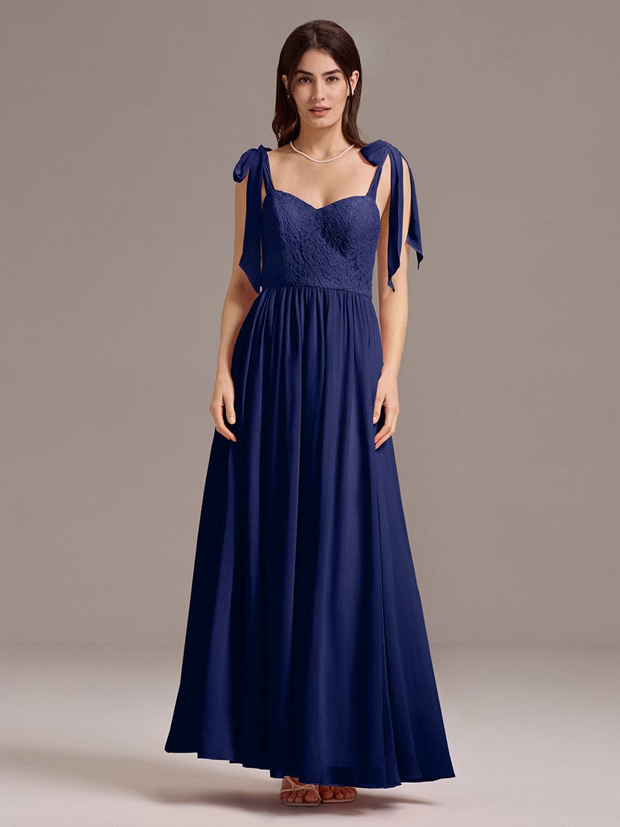 Chiffon Sweetheart Neck Bow Tie Backless A-Line Lace Bridesmaid Dress #color_Navy Blue