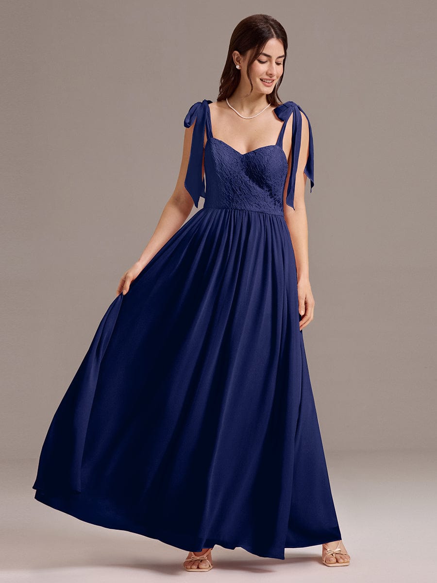 Chiffon Sweetheart Neck Bow Tie Backless A-Line Lace Bridesmaid Dress #color_Navy Blue