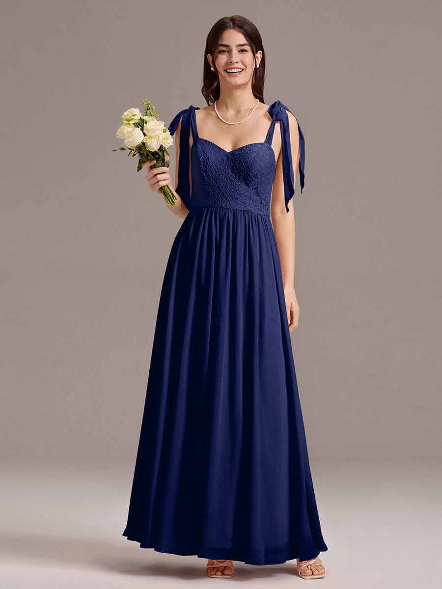 Chiffon Sweetheart Neck Bow Tie Backless A-Line Lace Bridesmaid Dress #color_Navy Blue