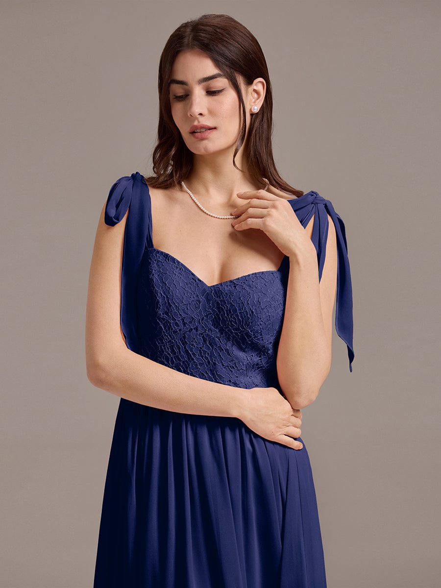 Chiffon Sweetheart Neck Bow Tie Backless A-Line Lace Bridesmaid Dress #color_Navy Blue