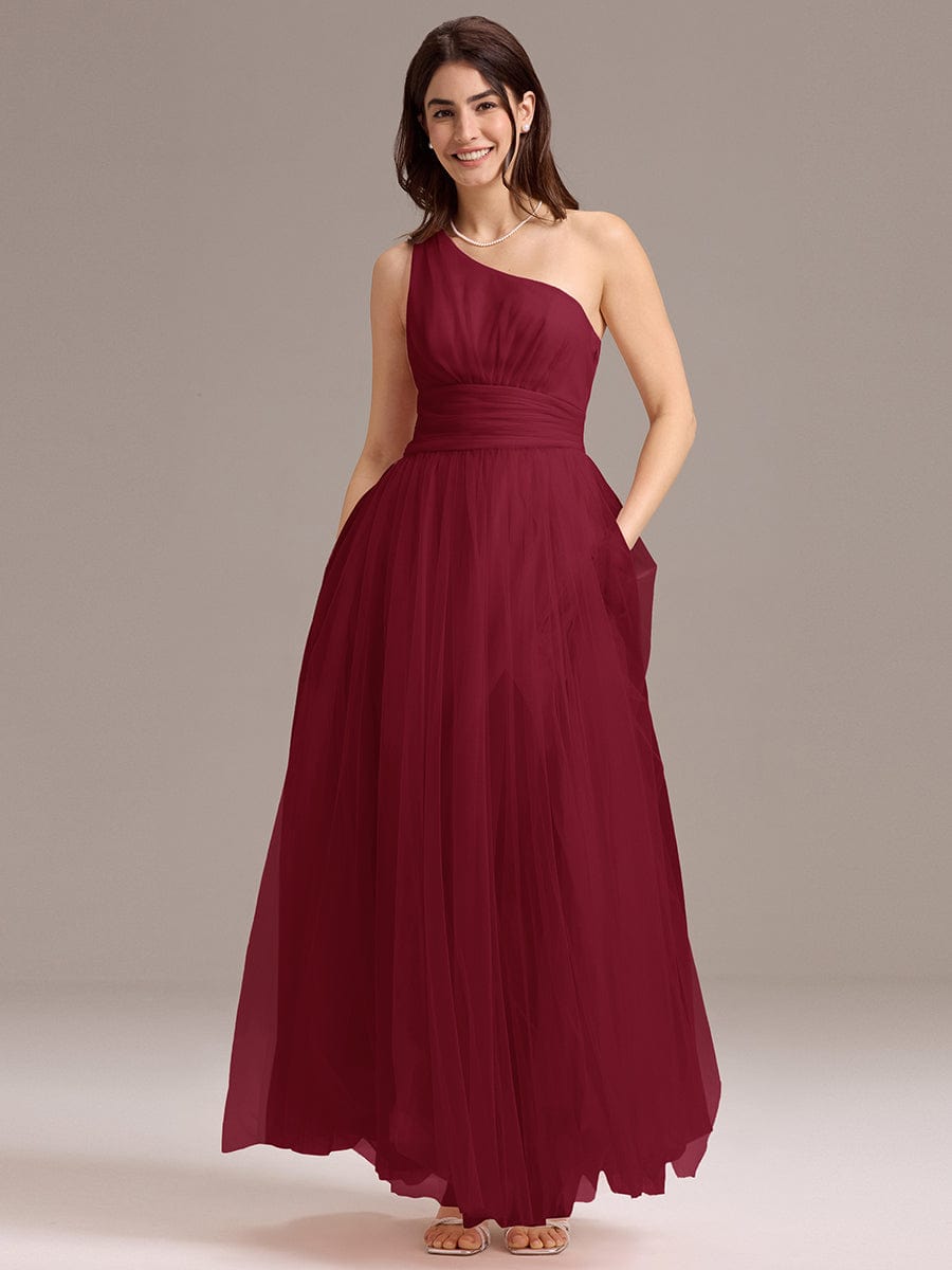 Chic A-Line One-Shoulder Tulle Maxi Bridesmaid Dress #color_Burgundy