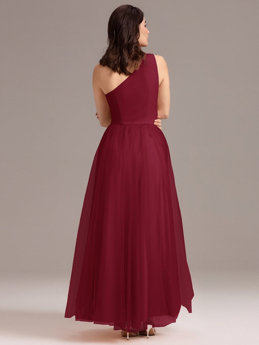 Chic A-Line One-Shoulder Tulle Maxi Bridesmaid Dress #color_Burgundy