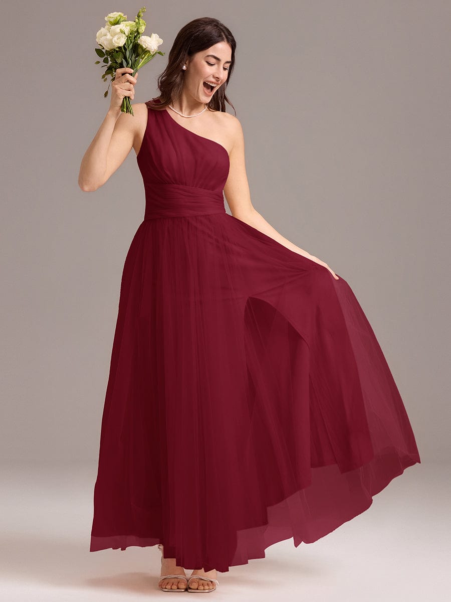 Chic A-Line One-Shoulder Tulle Maxi Bridesmaid Dress #color_Burgundy