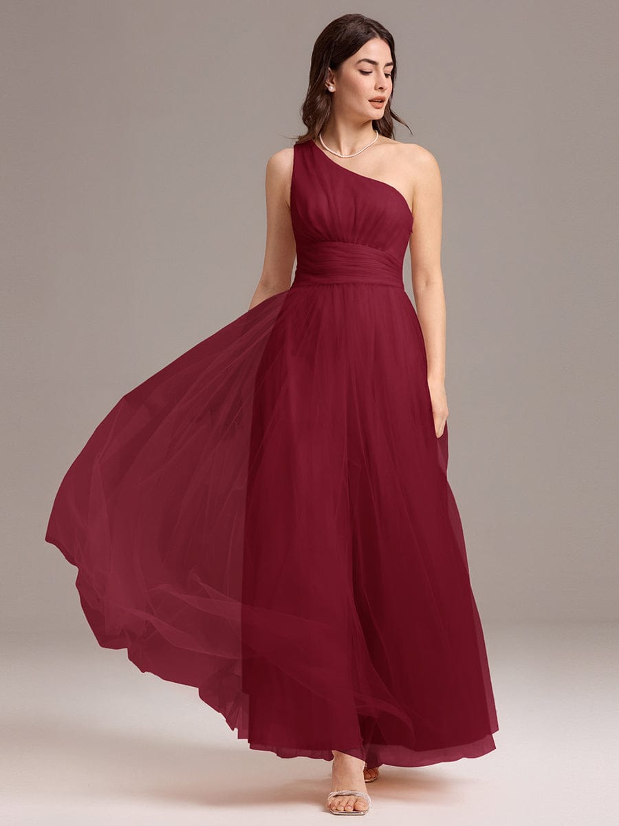 Chic A-Line One-Shoulder Tulle Maxi Bridesmaid Dress #color_Burgundy