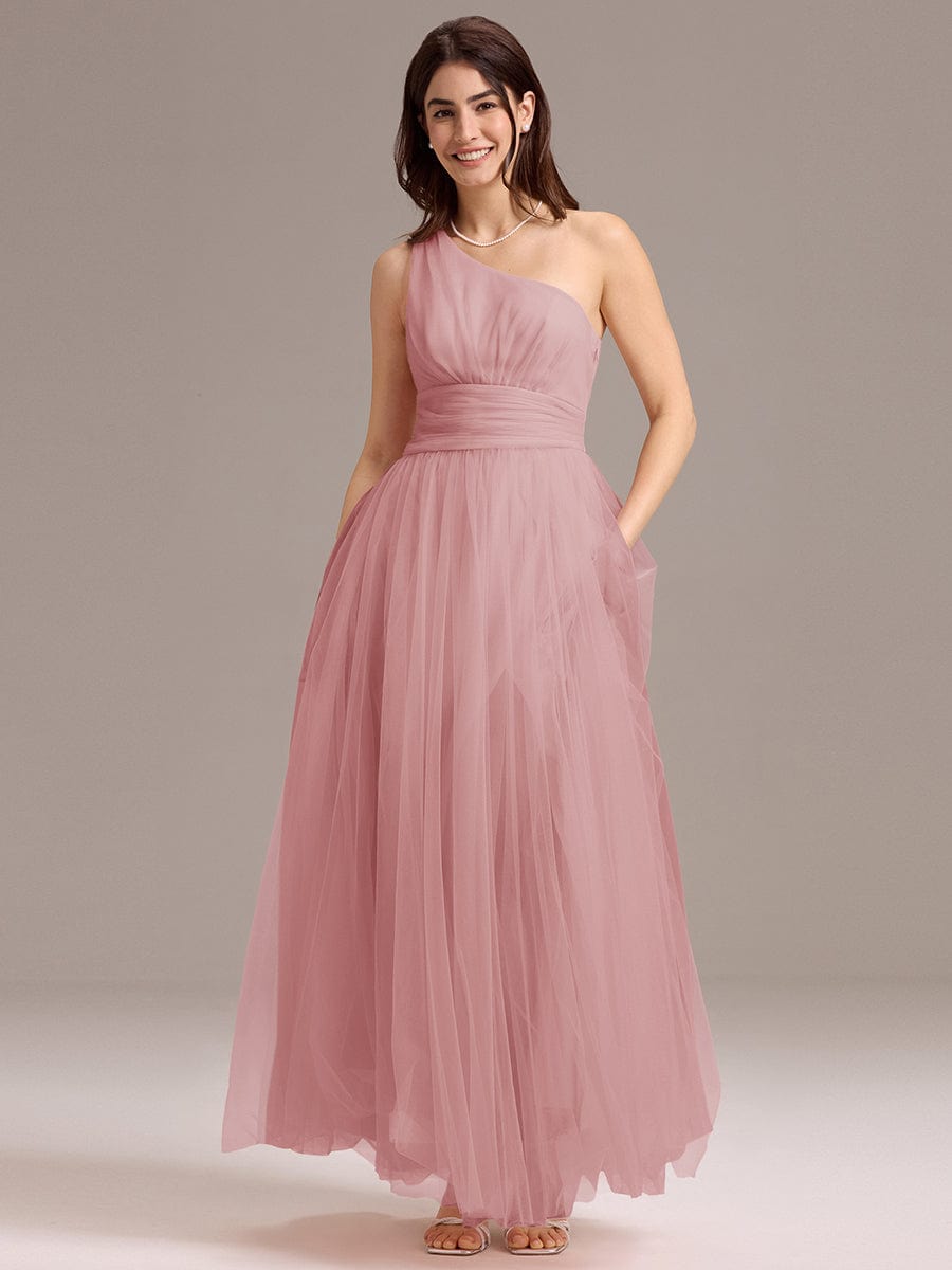 Chic A-Line One-Shoulder Tulle Maxi Bridesmaid Dress #color_Dusty Rose