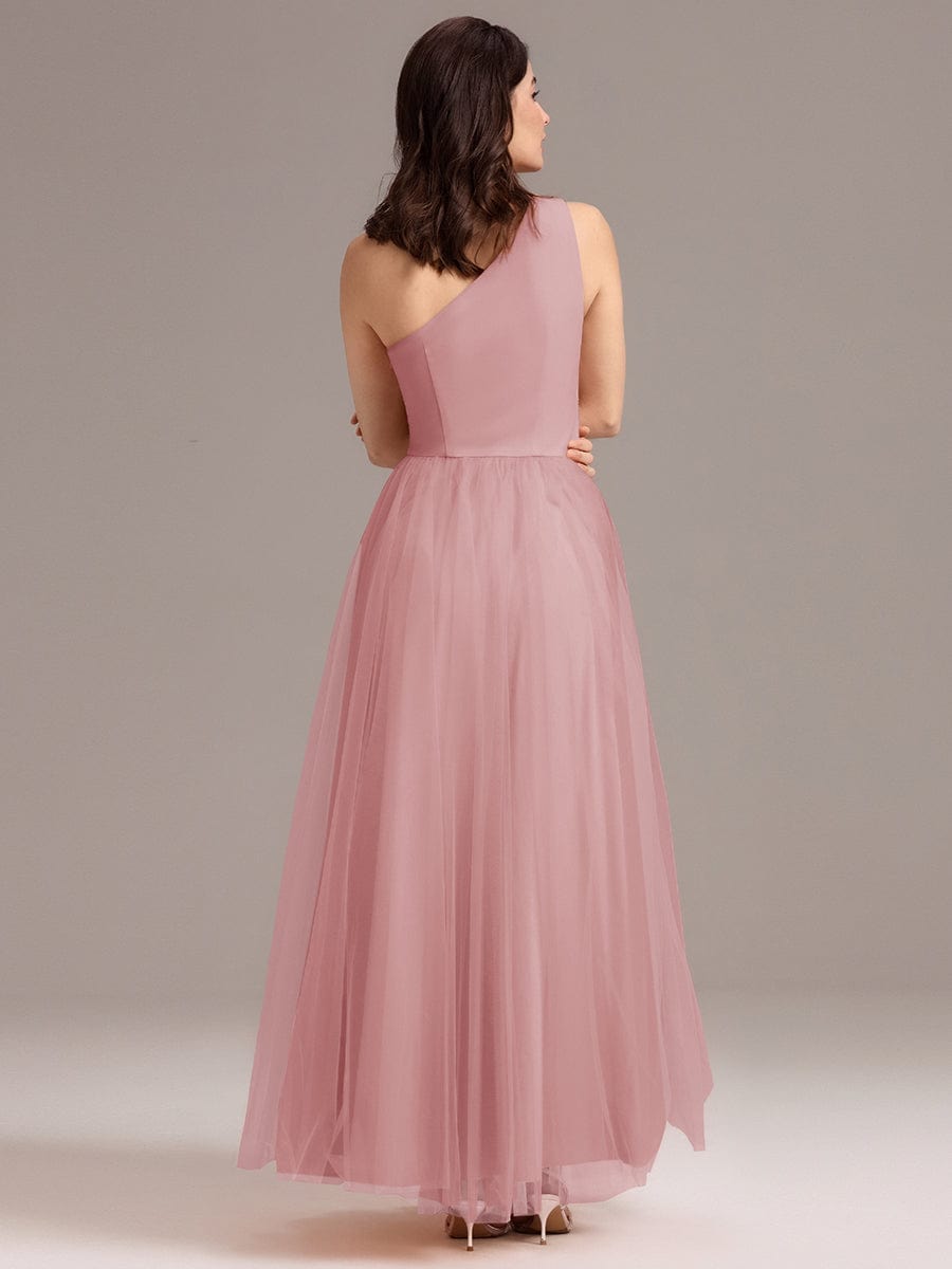 Chic A-Line One-Shoulder Tulle Maxi Bridesmaid Dress #color_Dusty Rose