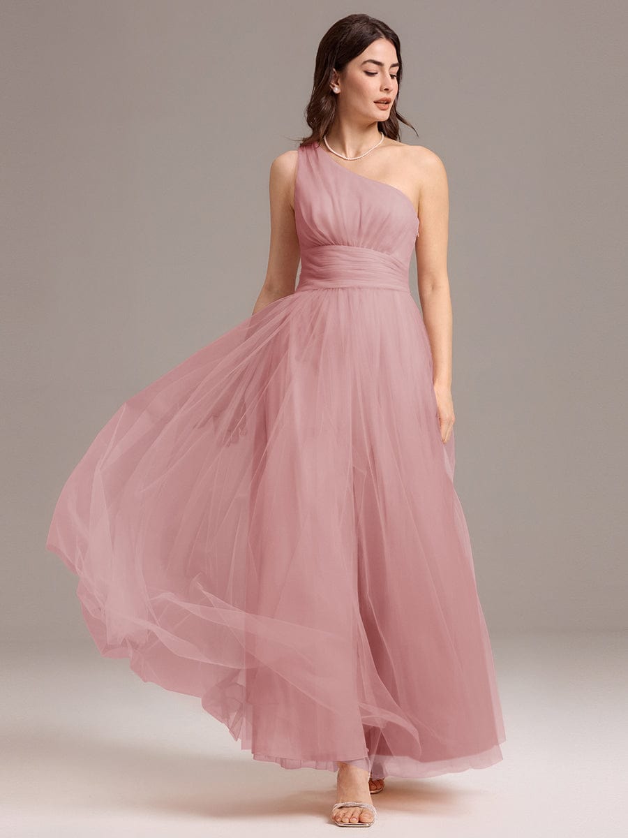 Chic A-Line One-Shoulder Tulle Maxi Bridesmaid Dress #color_Dusty Rose