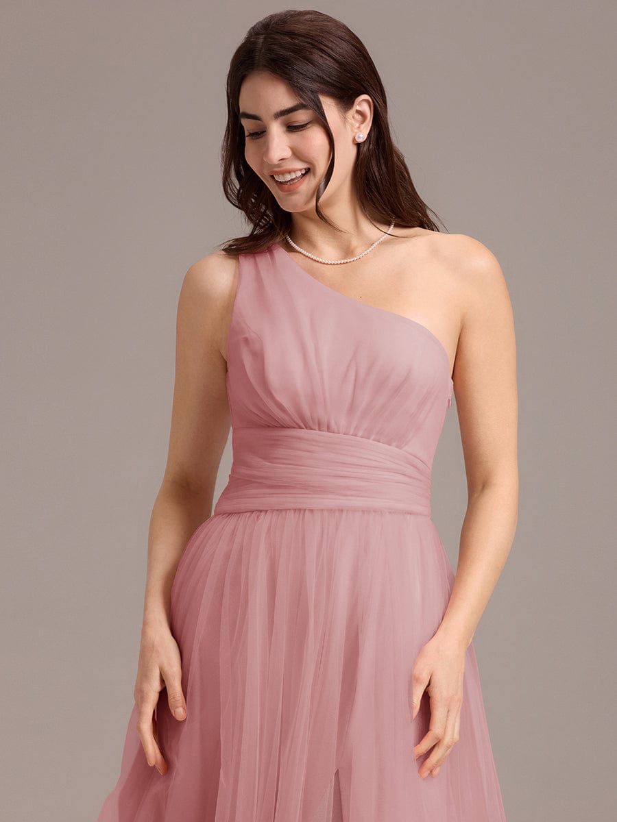 Chic A-Line One-Shoulder Tulle Maxi Bridesmaid Dress #color_Dusty Rose