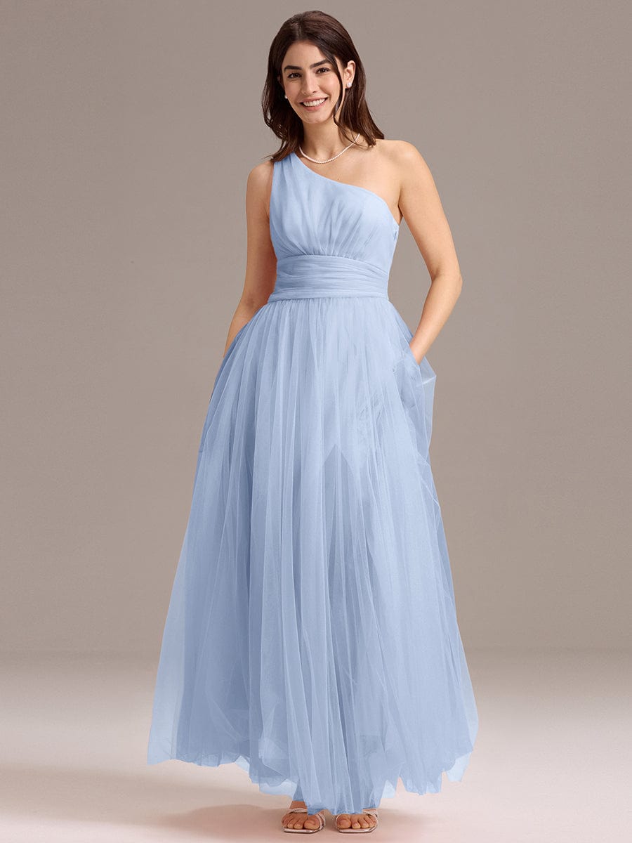 Chic A-Line One-Shoulder Tulle Maxi Bridesmaid Dress #color_Ice Blue