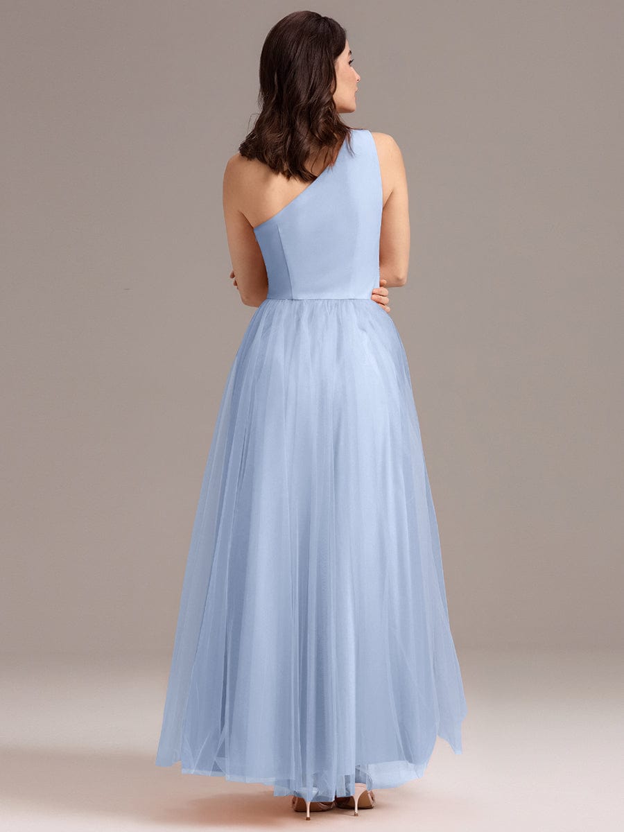 Chic A-Line One-Shoulder Tulle Maxi Bridesmaid Dress #color_Ice Blue