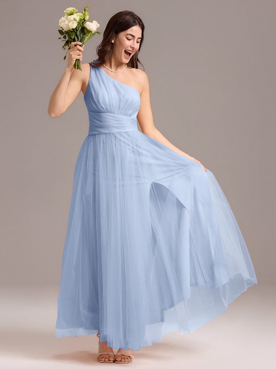 Chic A-Line One-Shoulder Tulle Maxi Bridesmaid Dress #color_Ice Blue