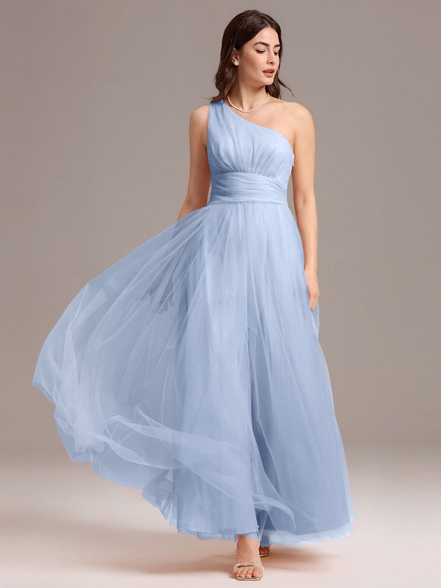 Chic A-Line One-Shoulder Tulle Maxi Bridesmaid Dress #color_Ice Blue
