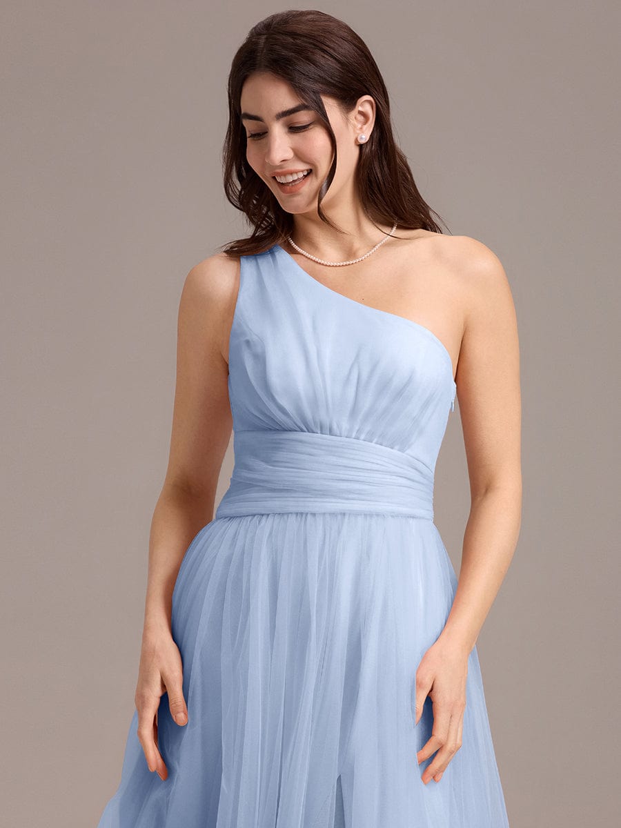 Chic A-Line One-Shoulder Tulle Maxi Bridesmaid Dress #color_Ice Blue