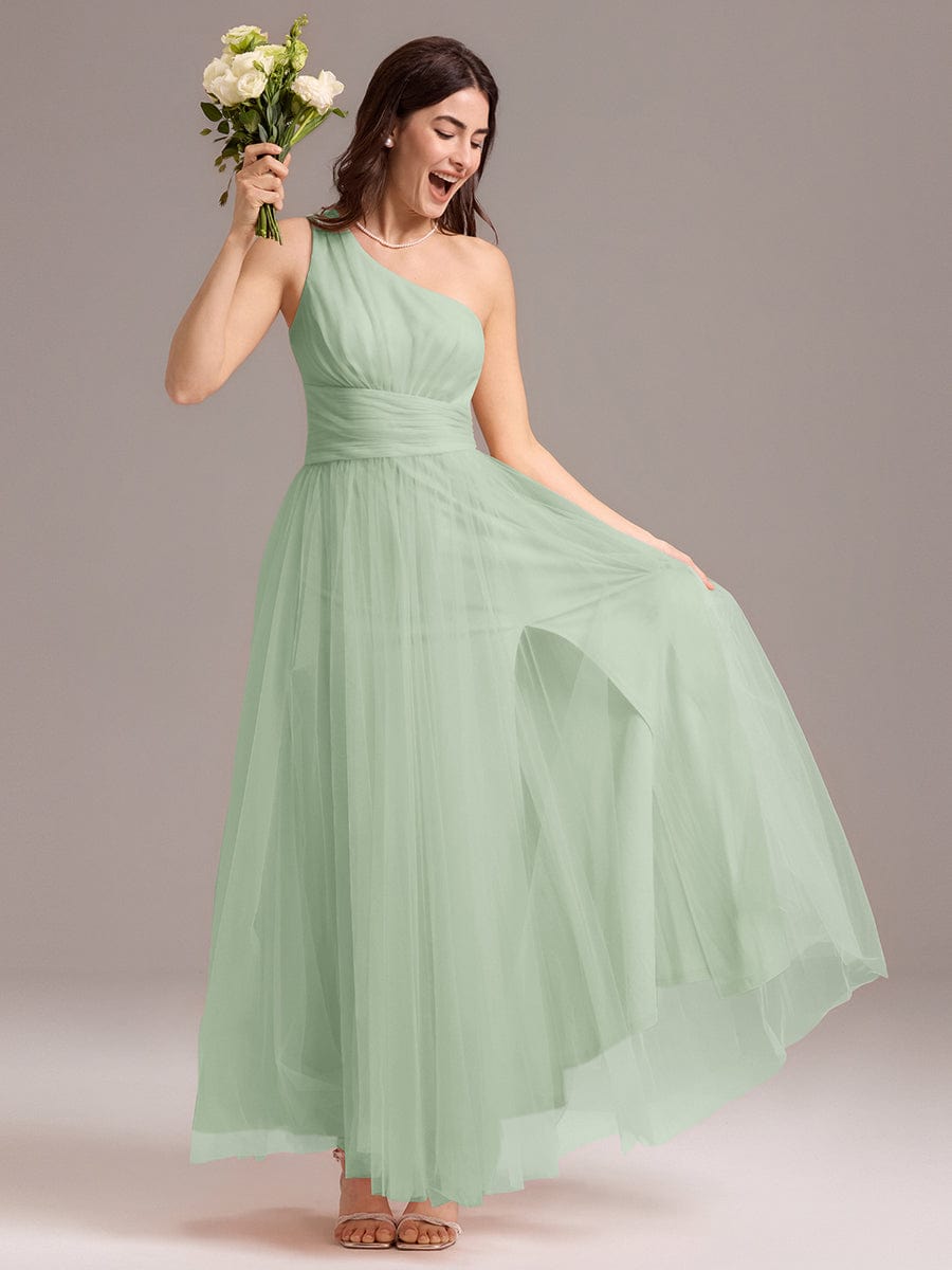 Chic A-Line One-Shoulder Tulle Maxi Bridesmaid Dress #color_Mint Green