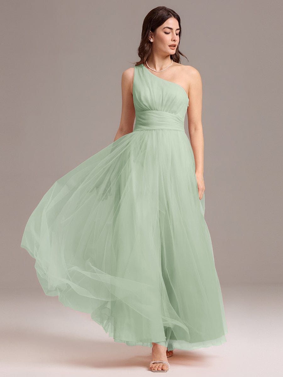 Chic A-Line One-Shoulder Tulle Maxi Bridesmaid Dress #color_Mint Green