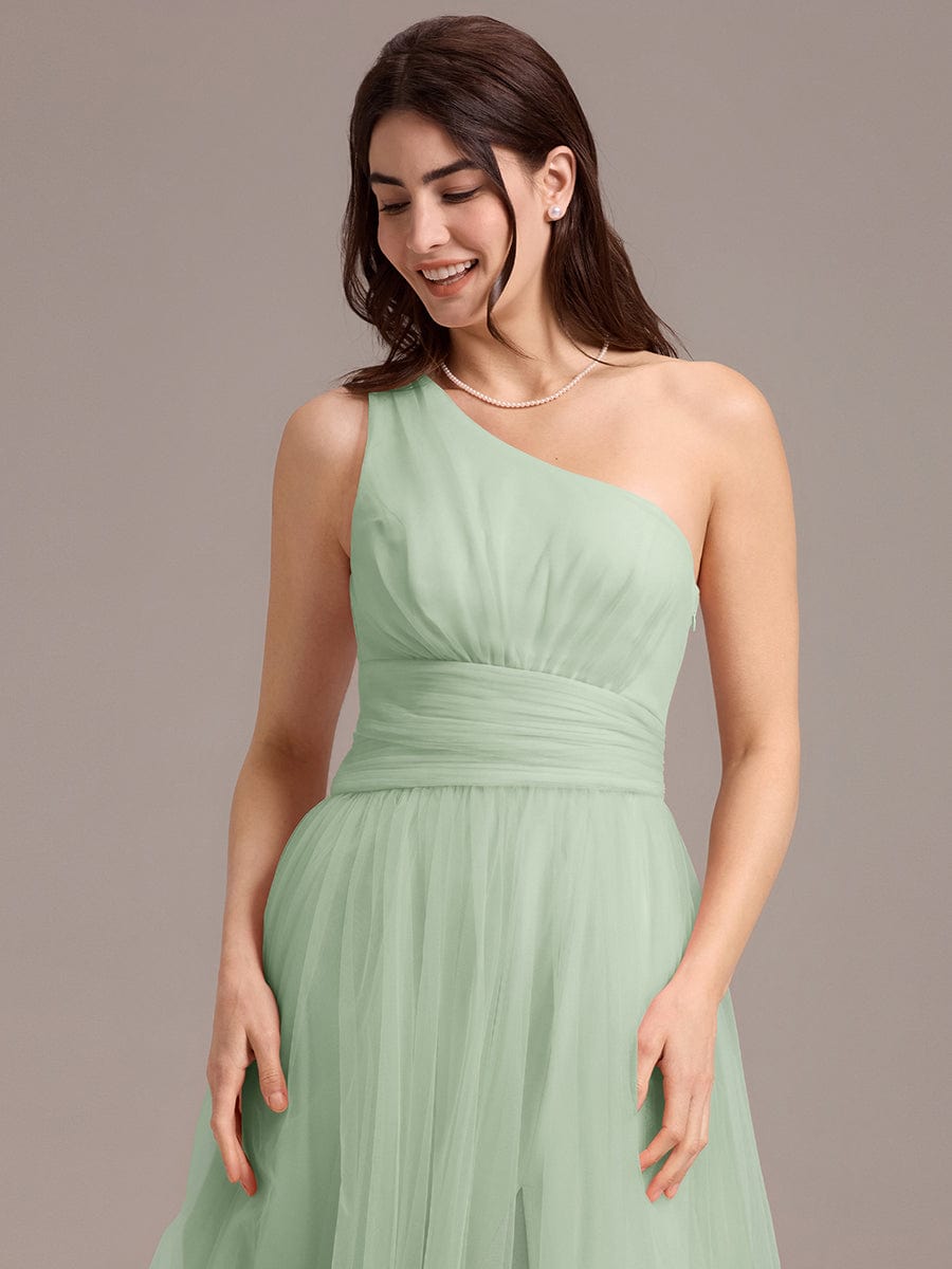 Chic A-Line One-Shoulder Tulle Maxi Bridesmaid Dress #color_Mint Green