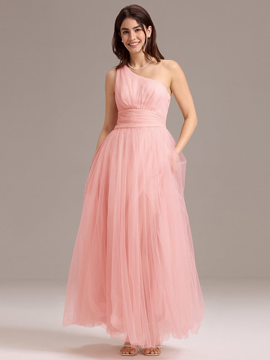 Chic A-Line One-Shoulder Tulle Maxi Bridesmaid Dress #color_Pink
