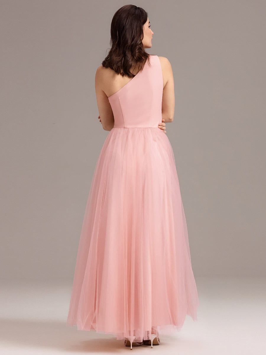 Chic A-Line One-Shoulder Tulle Maxi Bridesmaid Dress #color_Pink