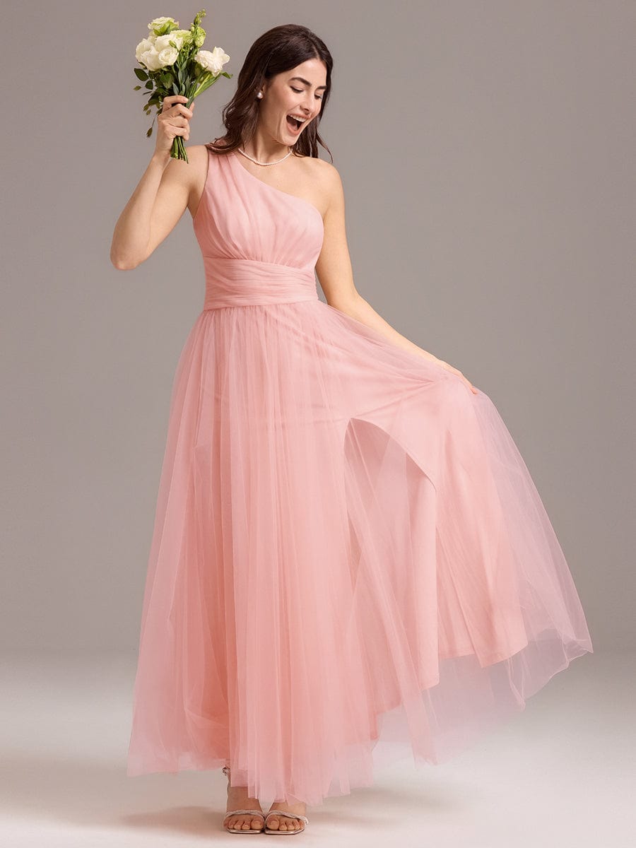 Chic A-Line One-Shoulder Tulle Maxi Bridesmaid Dress #color_Pink