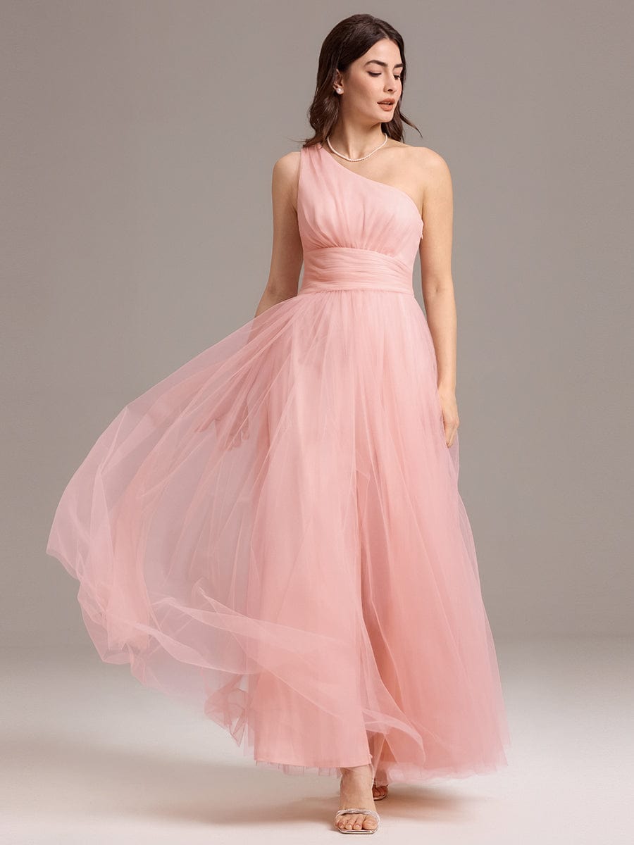 Chic A-Line One-Shoulder Tulle Maxi Bridesmaid Dress #color_Pink