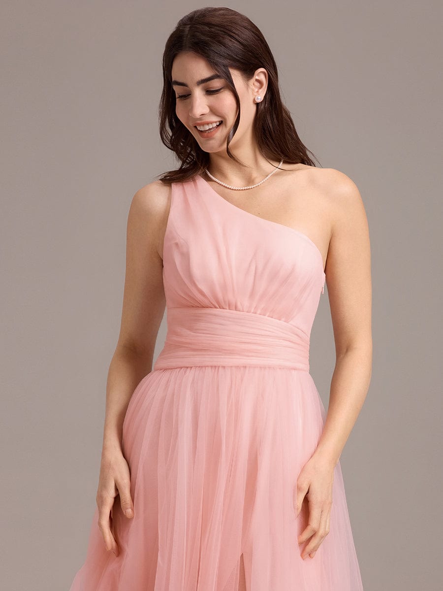 Chic A-Line One-Shoulder Tulle Maxi Bridesmaid Dress #color_Pink
