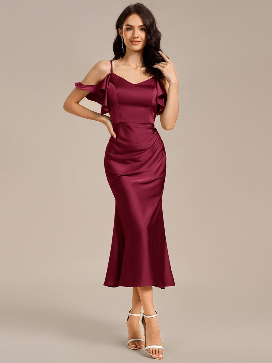Ruffled Off Shoulder Satin Midi Mermaid Bridesmaid Dress #color_Burgundy